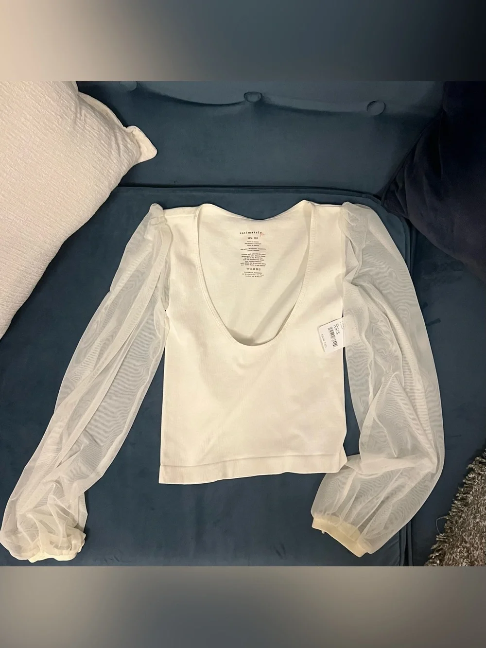 Free People Intimately Mesh Puff Sleeve Top | Ivory | XS/S | NWT